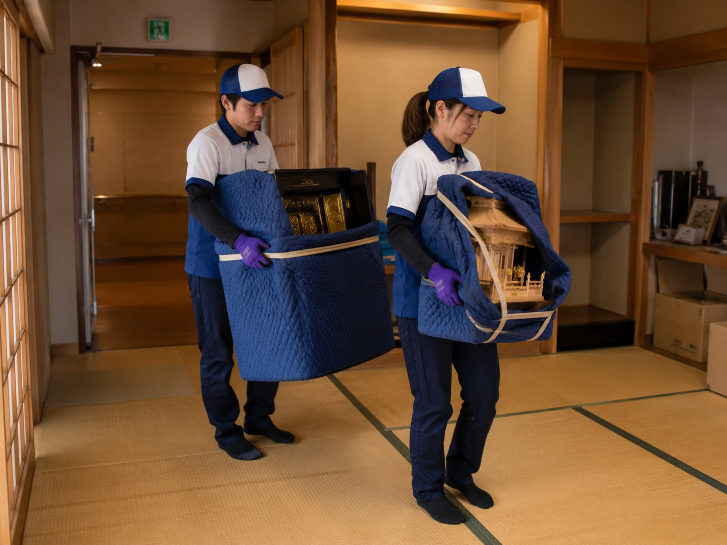 行田市で仏壇と神棚を毛布で保護して搬出するスタッフ