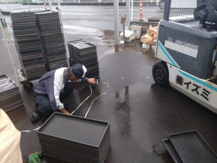 苗箱洗浄中